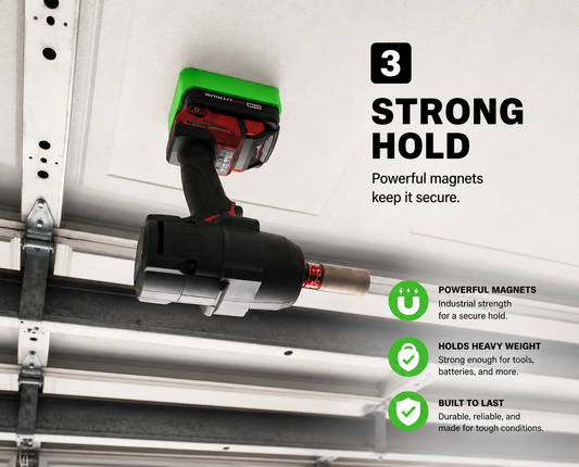 Kaizen Forge M18 Magnetic Battery Base – Green version on steel workbench